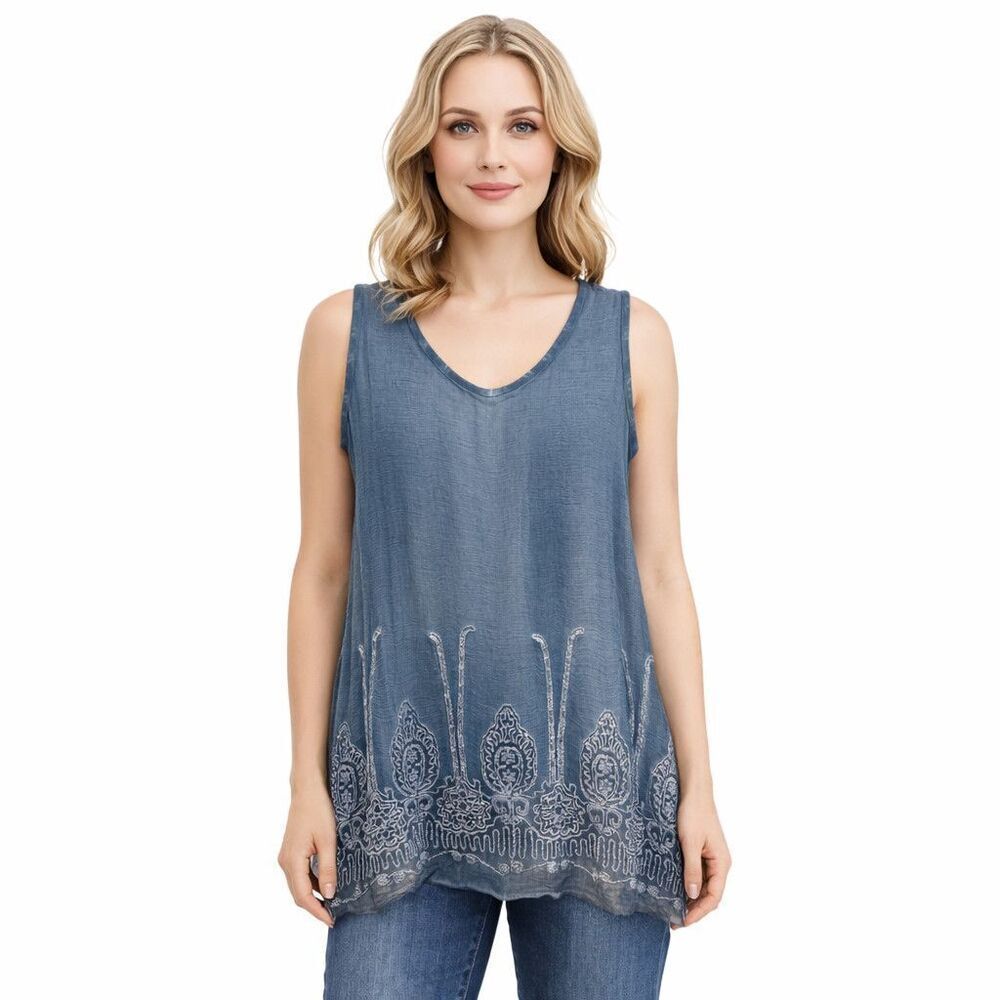 Soft Surroundings Tank Top Womens Medium Blue Paisley Embroidered Silk Tunic